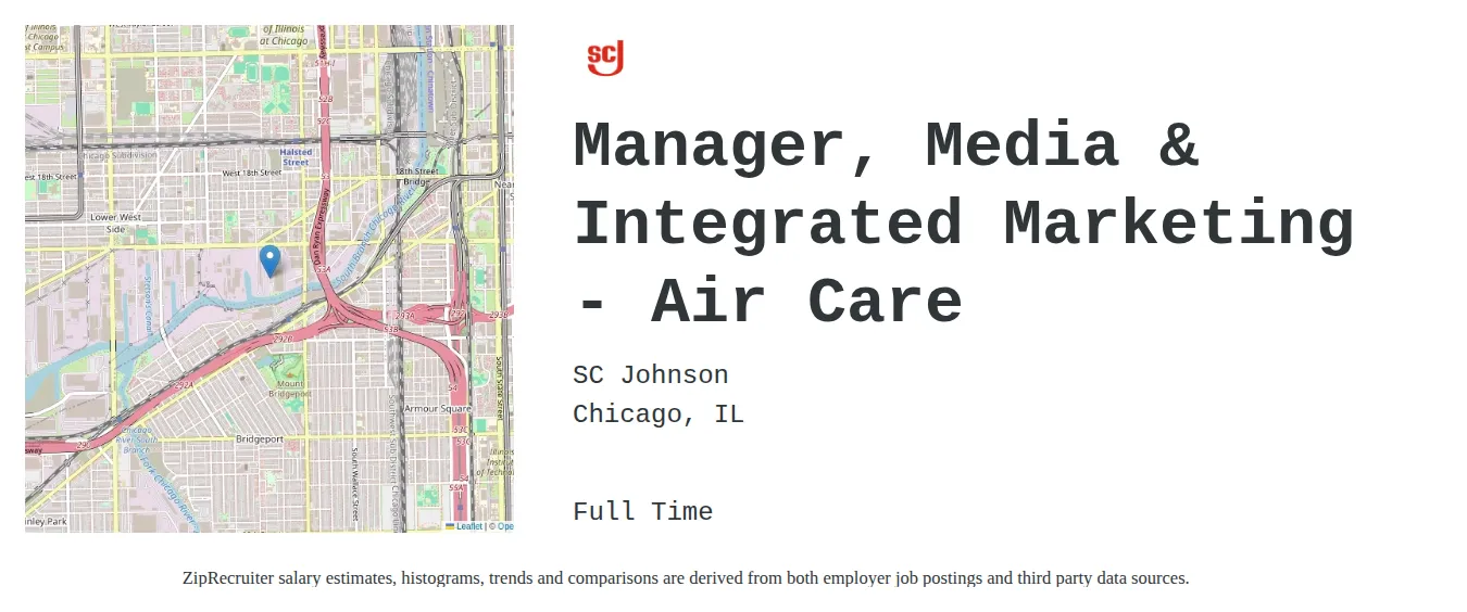 SC Johnson job posting for a Manager, Media & Integrated Marketing - Air Care in Chicago, IL with a salary of $103,100 to $154,600 Annually and benefits including Medical and Retirement with a map of Chicago location.