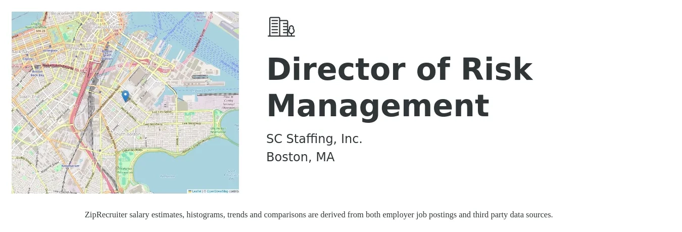 SC Staffing, Inc. job posting for a Director of Risk Management in Boston, MA with a salary of $114,800 to $182,200 Yearly with a map of Boston location.