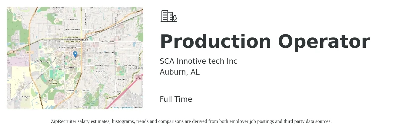 SCA Innotive tech Inc job posting for a Production Operator in Auburn, AL with a salary of $14 to $17 Hourly with a map of Auburn location.