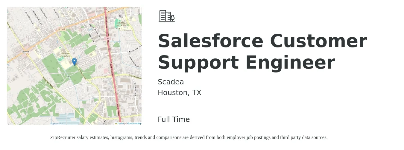 Scadea job posting for a Salesforce Customer Support Engineer in Houston, TX with a salary of $72,100 to $113,600 Yearly with a map of Houston location.