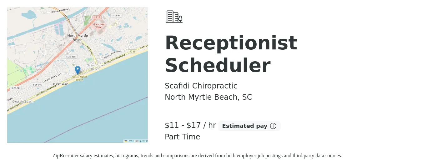 Scafidi Chiropractic job posting for a Receptionist Scheduler in North Myrtle Beach, SC with a salary of $12 to $18 Hourly with a map of North Myrtle Beach location.