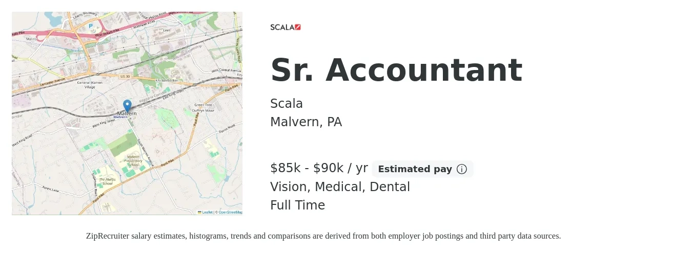 Scala job posting for a Sr. Accountant in Malvern, PA with a salary of $85,000 to $90,000 Yearly and benefits including life_insurance, medical, pto, retirement, vision, and dental with a map of Malvern location.