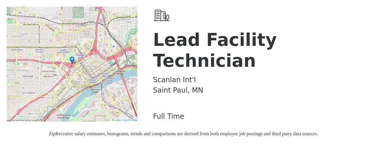 Scanlan Int'l job posting for a Lead Facility Technician in Saint Paul, MN with a salary of $44,500 to $57,600 Yearly with a map of Saint Paul location.