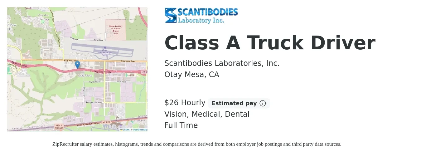 Scantibodies Laboratories, Inc. job posting for a Class A Truck Driver in Otay Mesa, CA with a salary of $28 Hourly and benefits including dental, life_insurance, medical, pto, retirement, and vision with a map of Otay Mesa location.