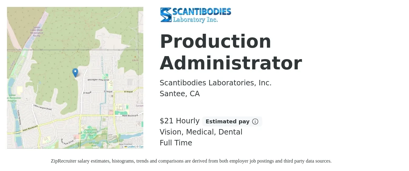 Scantibodies Laboratories, Inc. job posting for a Production Administrator in Santee, CA with a salary of $22 Hourly and benefits including dental, life_insurance, medical, pto, retirement, and vision with a map of Santee location.