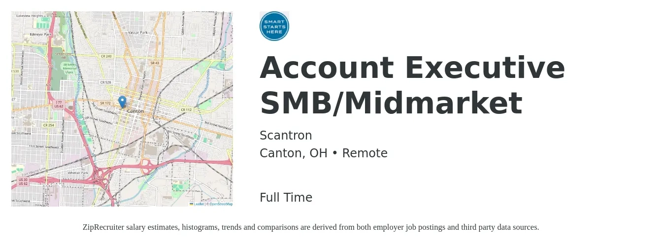 Scantron job posting for a Account Executive SMB/Midmarket in Canton, OH with a salary of $50,500 to $88,800 Yearly with a map of Canton location.