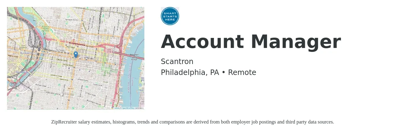 Scantron job posting for a Account Manager in Philadelphia, PA with a salary of $48,400 to $79,200 Yearly with a map of Philadelphia location.