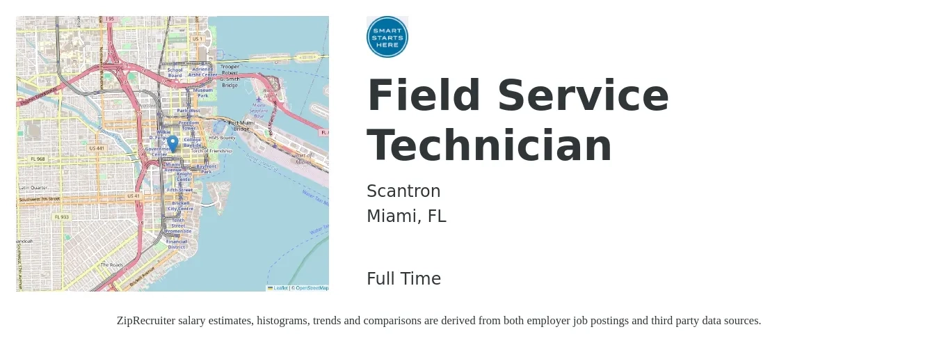 Scantron job posting for a Field Service Technician in Miami, FL with a salary of $19 to $28 Hourly with a map of Miami location.