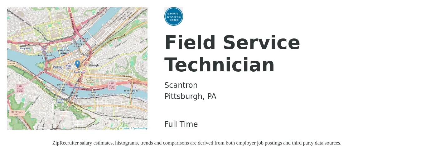 Scantron job posting for a Field Service Technician in Pittsburgh, PA with a salary of $20 to $29 Hourly with a map of Pittsburgh location.
