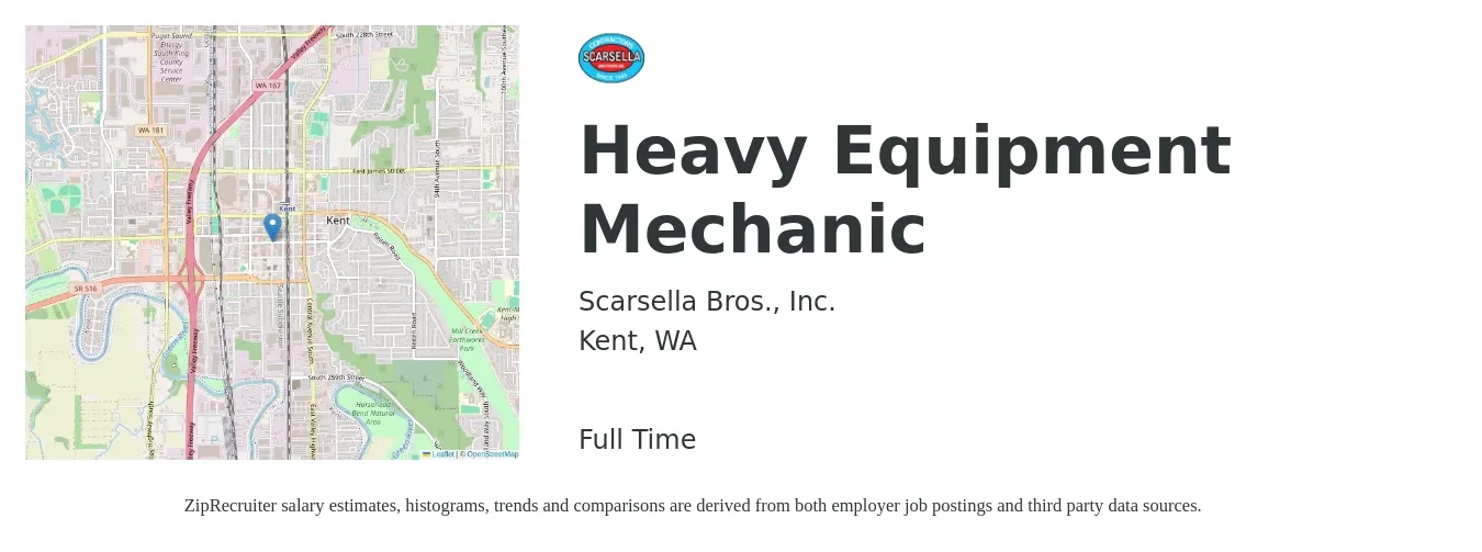 Scarsella Bros., Inc. job posting for a Heavy Equipment Mechanic in Kent, WA with a salary of $29 to $39 Hourly with a map of Kent location.