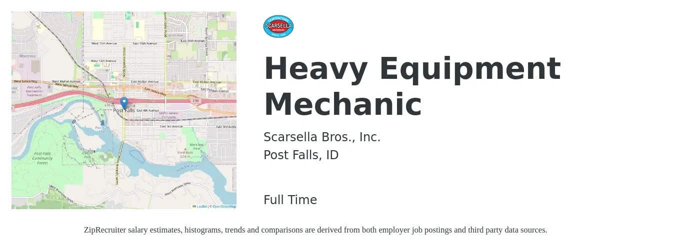 Scarsella Bros., Inc. job posting for a Heavy Equipment Mechanic in Post Falls, ID with a salary of $26 to $34 Hourly with a map of Post Falls location.