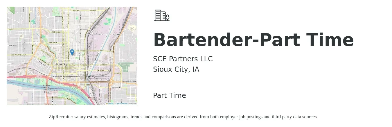 SCE Partners LLC job posting for a Bartender-Part Time in Sioux City, IA with a salary of $10 to $18 Hourly with a map of Sioux City location.