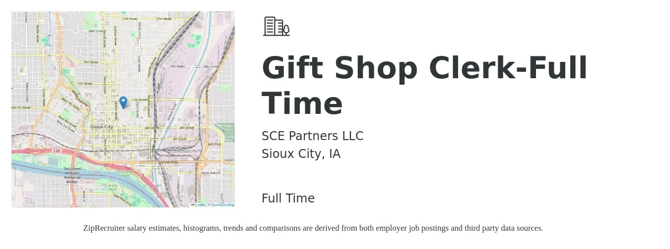SCE Partners LLC job posting for a Gift Shop Clerk-Full Time in Sioux City, IA with a salary of $13 to $18 Hourly with a map of Sioux City location.