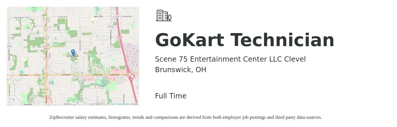 Scene 75 Entertainment Center LLC Clevel job posting for a GoKart Technician in Brunswick, OH with a salary of $35,800 to $53,500 Yearly with a map of Brunswick location.