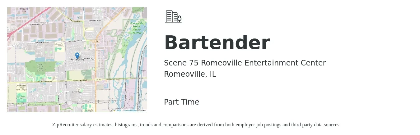 Scene 75 Romeoville Entertainment Center job posting for a Bartender in Romeoville, IL with a salary of $10 to $19 Hourly with a map of Romeoville location.