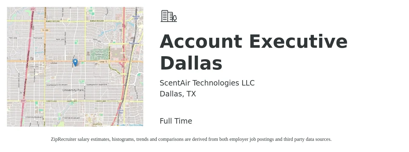 ScentAir Technologies LLC job posting for a Account Executive Dallas in Dallas, TX with a salary of $60,000 to $65,000 Yearly with a map of Dallas location.