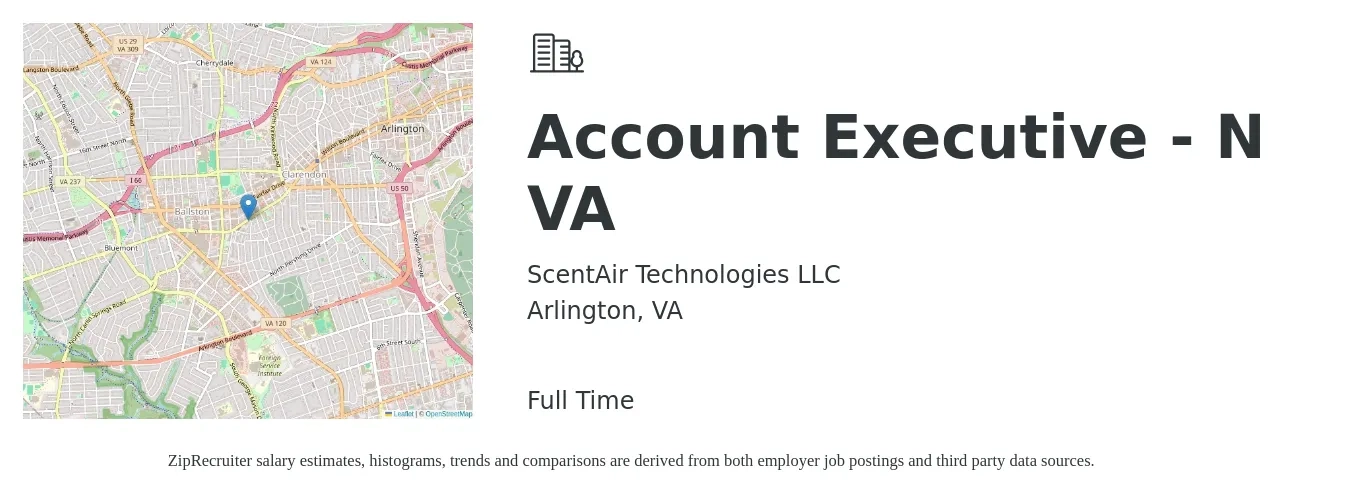 ScentAir Technologies LLC job posting for a Account Executive - N VA in Arlington, VA with a salary of $100,000 Yearly with a map of Arlington location.