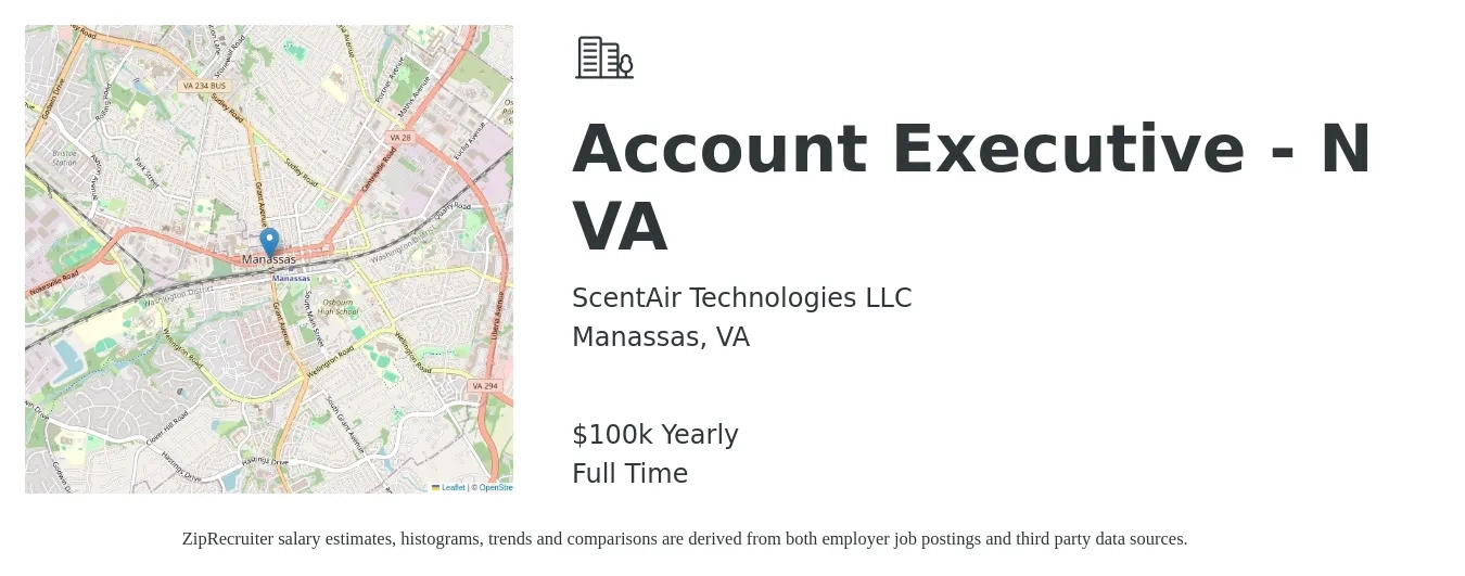 ScentAir Technologies LLC job posting for a Account Executive - N VA in Manassas, VA with a salary of $100,000 Yearly with a map of Manassas location.