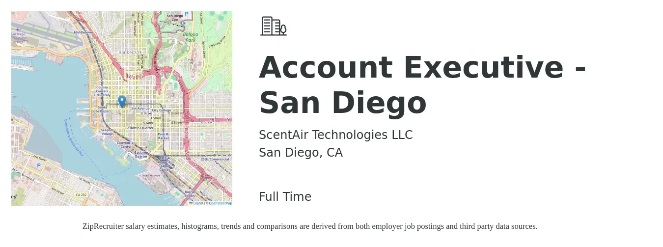 ScentAir Technologies LLC job posting for a Account Executive - San Diego in San Diego, CA with a salary of $57,300 to $100,900 Yearly with a map of San Diego location.