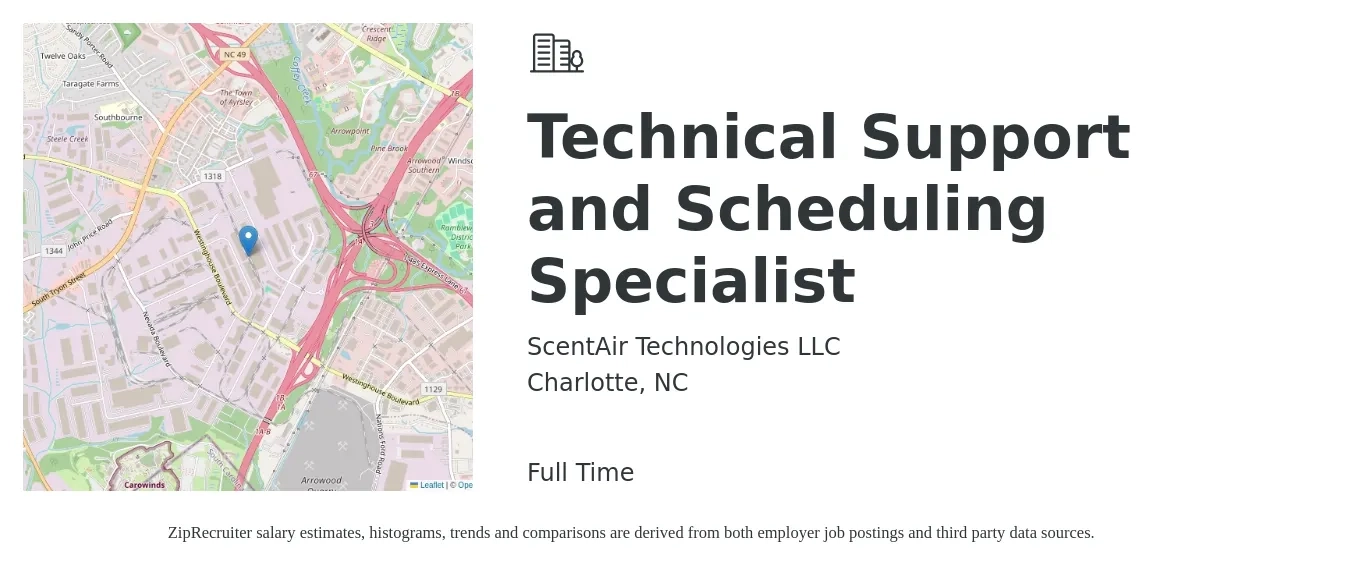 ScentAir Technologies LLC job posting for a Technical Support and Scheduling Specialist in Charlotte, NC with a salary of $20 Hourly with a map of Charlotte location.