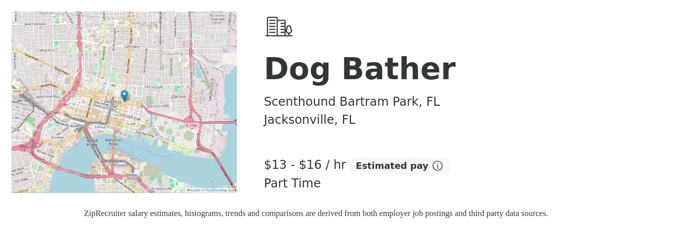 Scenthound Bartram Park, FL job posting for a Dog Bather in Jacksonville, FL with a salary of $14 to $17 Hourly with a map of Jacksonville location.
