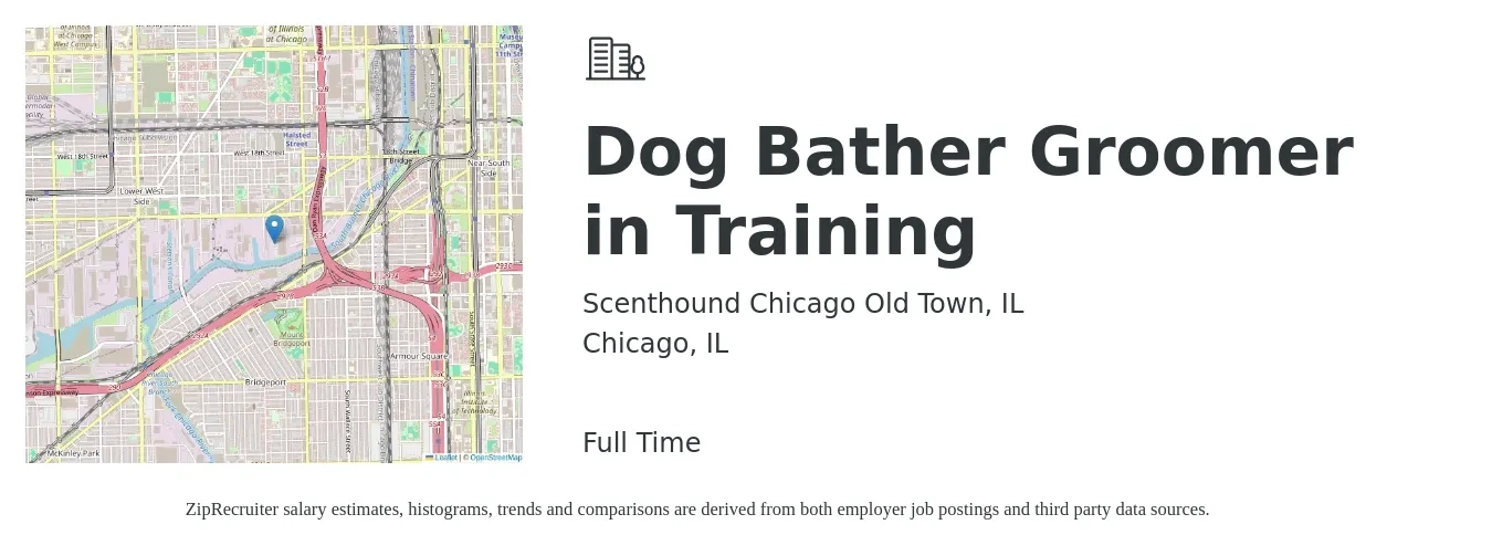 Scenthound Chicago Old Town, IL job posting for a Dog Bather Groomer in Training in Chicago, IL with a salary of $15 Hourly with a map of Chicago location.