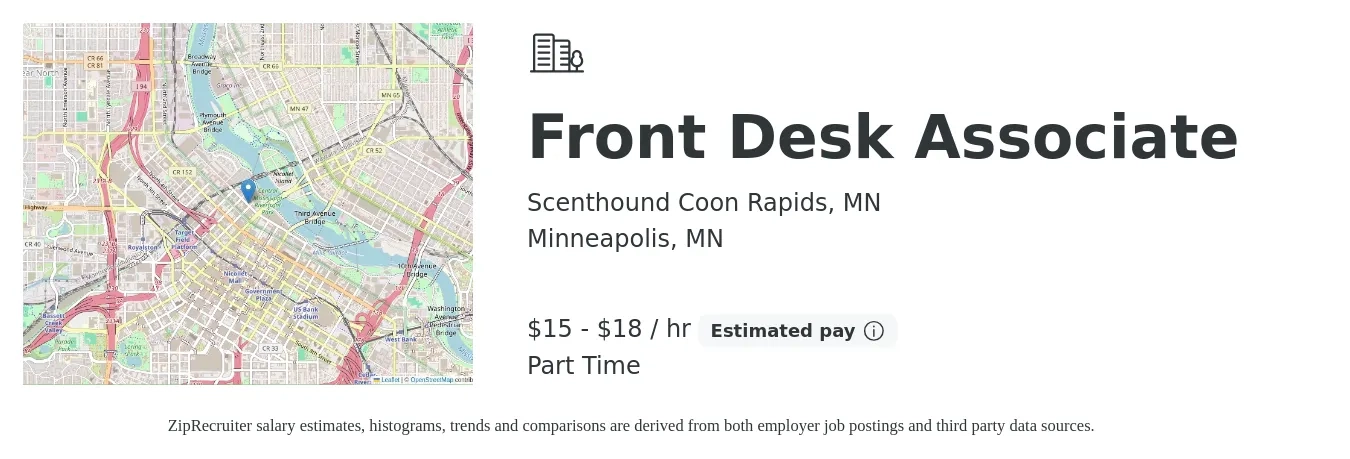 Scenthound Coon Rapids, MN job posting for a Front Desk Associate in Minneapolis, MN with a salary of $16 to $19 Hourly with a map of Minneapolis location.