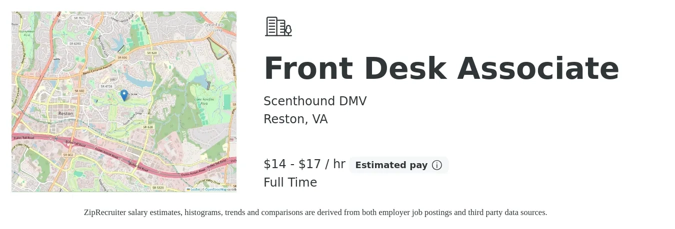 Scenthound DMV job posting for a Front Desk Associate in Reston, VA with a salary of $15 to $18 Hourly with a map of Reston location.