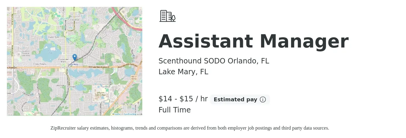 Scenthound SODO Orlando, FL job posting for a Assistant Manager in Lake Mary, FL with a salary of $15 to $16 Hourly with a map of Lake Mary location.