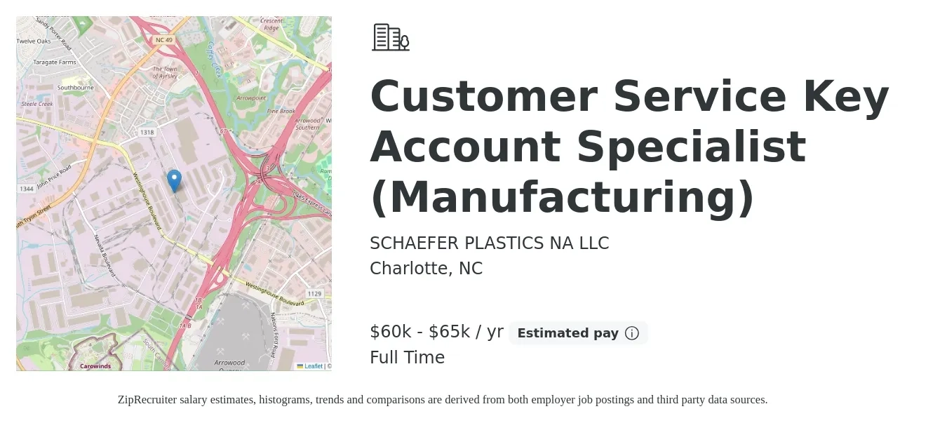 SCHAEFER PLASTICS NA LLC job posting for a Customer Service Key Account Specialist (Manufacturing) in Charlotte, NC with a salary of $60,000 to $65,000 Yearly with a map of Charlotte location.