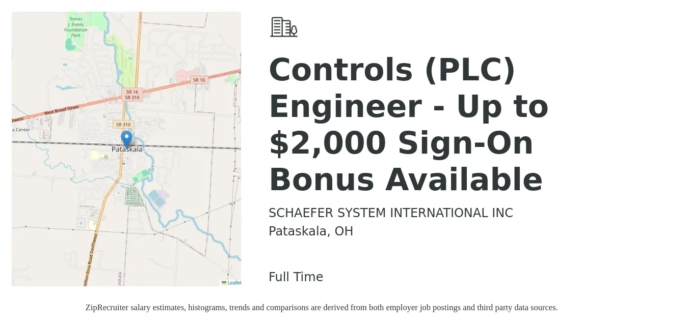 SCHAEFER SYSTEM INTERNATIONAL INC job posting for a Controls (PLC) Engineer - Up to $2,000 Sign-On Bonus Available in Pataskala, OH with a salary of $80,300 to $103,800 Yearly with a map of Pataskala location.