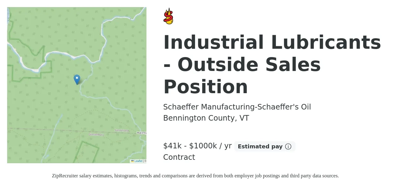 Schaeffer Manufacturing-Schaeffer's Oil job posting for a Industrial Lubricants - Outside Sales Position in Bennington County, VT with a salary of $41,625 to $1,000,000 Yearly with a map of Bennington County location.