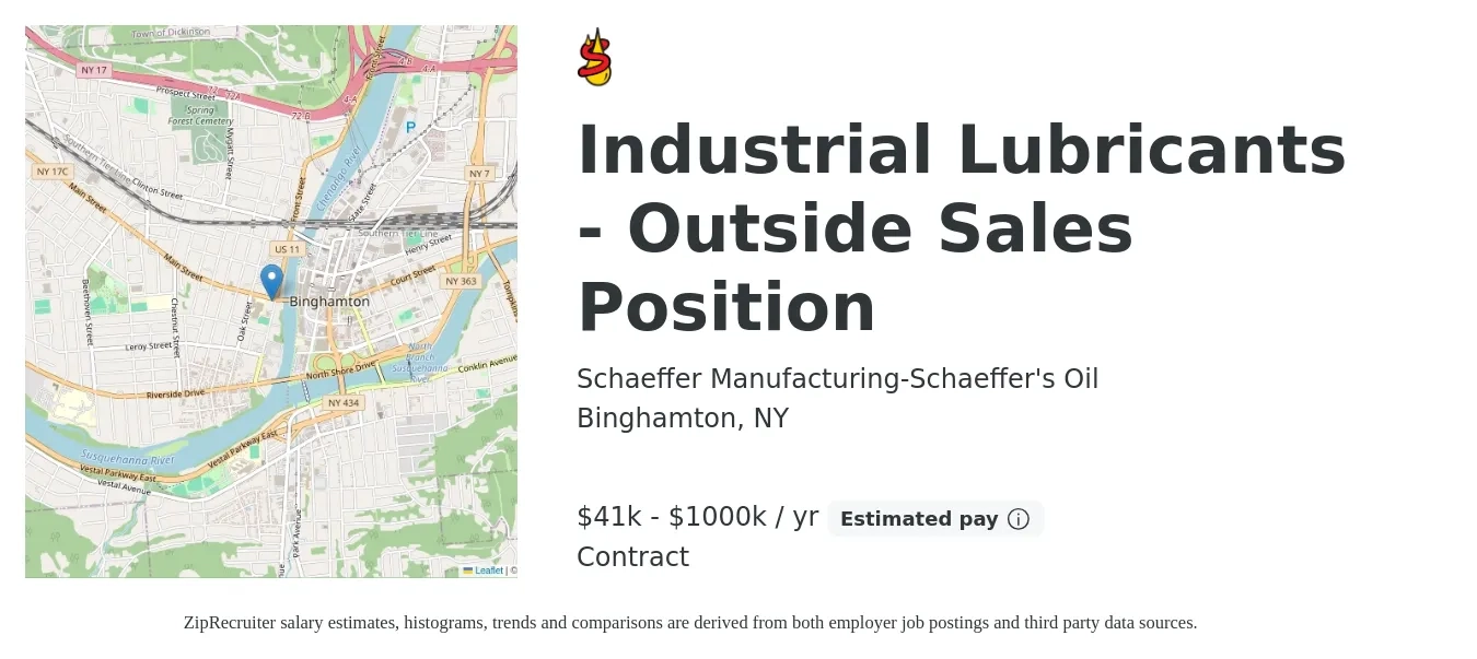 Schaeffer Manufacturing-Schaeffer's Oil job posting for a Industrial Lubricants - Outside Sales Position in Binghamton, NY with a salary of $41,625 to $1,000,000 Yearly with a map of Binghamton location.