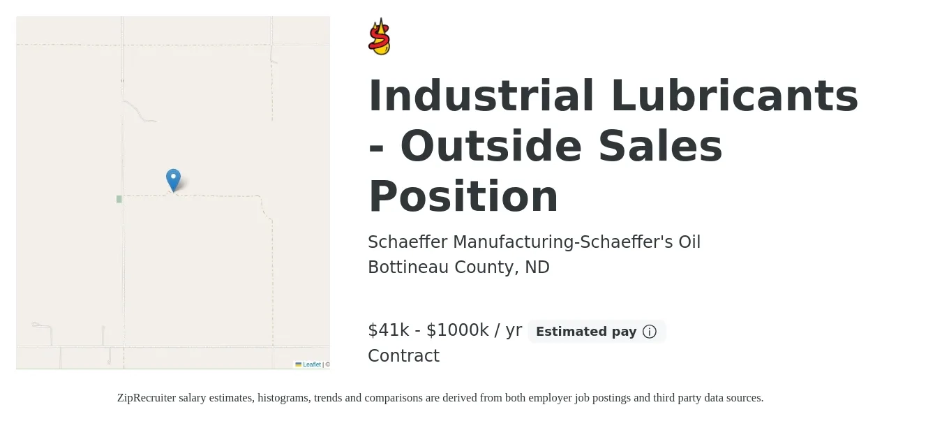 Schaeffer Manufacturing-Schaeffer's Oil job posting for a Industrial Lubricants - Outside Sales Position in Bottineau County, ND with a salary of $41,625 to $1,000,000 Yearly with a map of Bottineau County location.