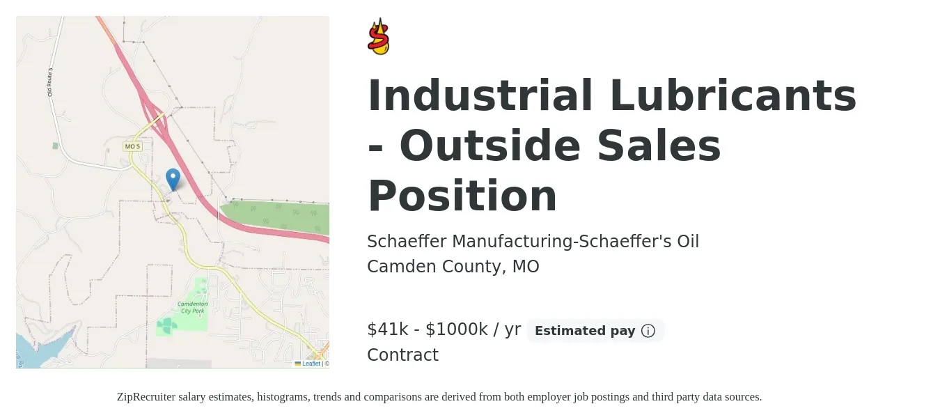 Schaeffer Manufacturing-Schaeffer's Oil job posting for a Industrial Lubricants - Outside Sales Position in Camden County, MO with a salary of $41,625 to $1,000,000 Yearly with a map of Camden County location.