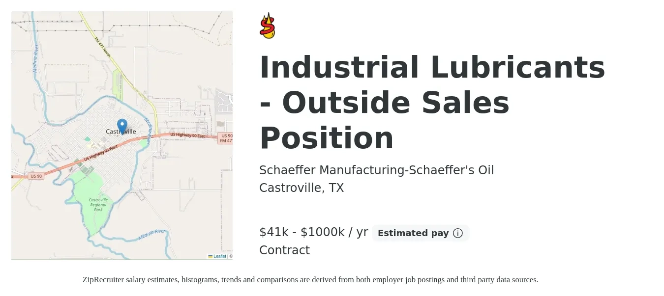Schaeffer Manufacturing-Schaeffer's Oil job posting for a Industrial Lubricants - Outside Sales Position in Castroville, TX with a salary of $41,625 to $1,000,000 Yearly with a map of Castroville location.