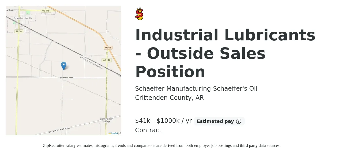 Schaeffer Manufacturing-Schaeffer's Oil job posting for a Industrial Lubricants - Outside Sales Position in Crittenden County, AR with a salary of $41,625 to $1,000,000 Yearly with a map of Crittenden County location.