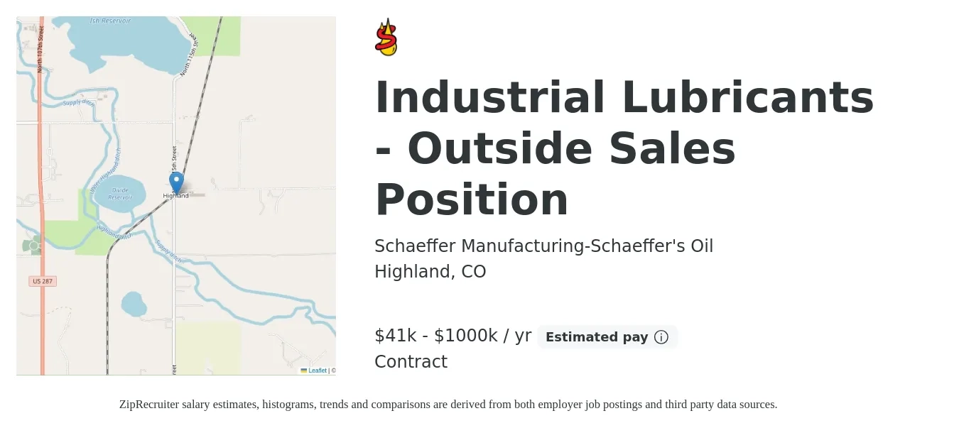 Schaeffer Manufacturing-Schaeffer's Oil job posting for a Industrial Lubricants - Outside Sales Position in Highland, CO with a salary of $52,000 to $89,100 Yearly with a map of Highland location.