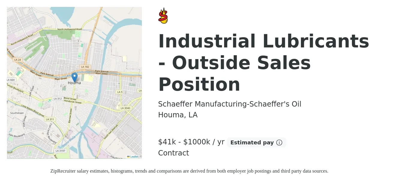 Schaeffer Manufacturing-Schaeffer's Oil job posting for a Industrial Lubricants - Outside Sales Position in Houma, LA with a salary of $41,625 to $1,000,000 Yearly with a map of Houma location.