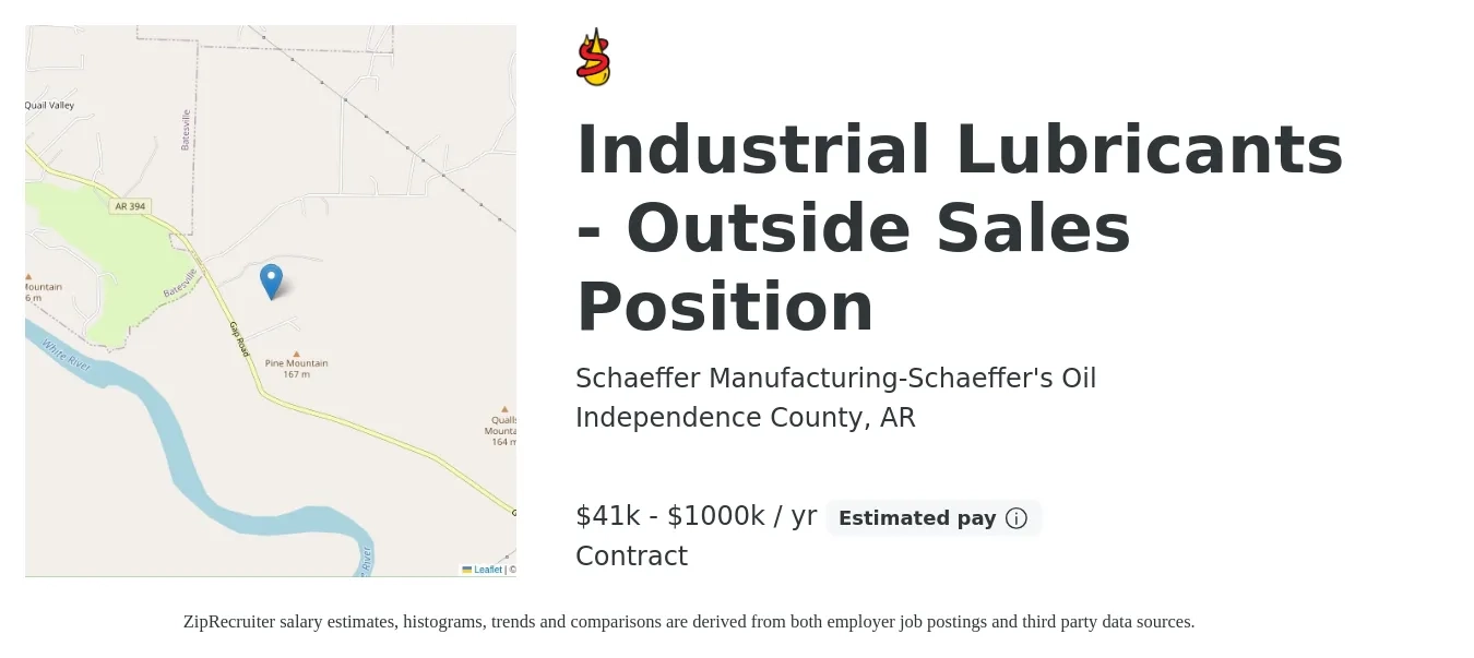 Schaeffer Manufacturing-Schaeffer's Oil job posting for a Industrial Lubricants - Outside Sales Position in Independence County, AR with a salary of $41,625 to $1,000,000 Yearly with a map of Independence County location.