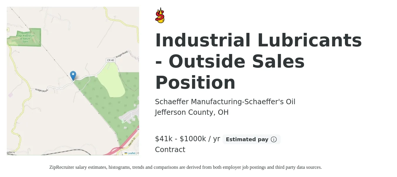 Schaeffer Manufacturing-Schaeffer's Oil job posting for a Industrial Lubricants - Outside Sales Position in Jefferson County, OH with a salary of $41,625 to $1,000,000 Yearly with a map of Jefferson County location.