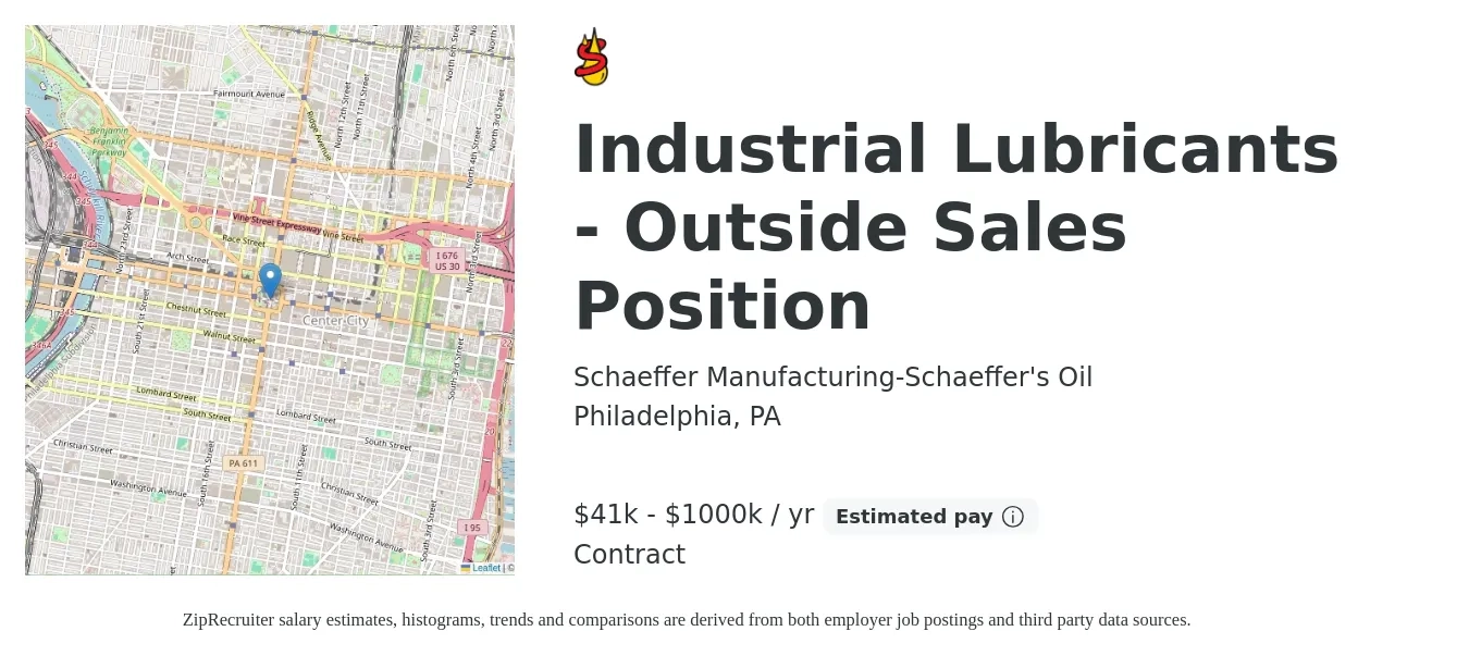 Schaeffer Manufacturing-Schaeffer's Oil job posting for a Industrial Lubricants - Outside Sales Position in Philadelphia, PA with a salary of $41,625 to $1,000,000 Yearly with a map of Philadelphia location.