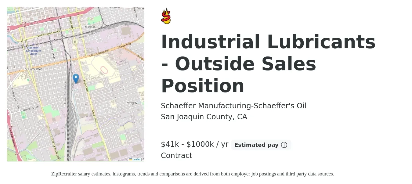 Schaeffer Manufacturing-Schaeffer's Oil job posting for a Industrial Lubricants - Outside Sales Position in San Joaquin County, CA with a salary of $55,000 to $94,200 Yearly with a map of San Joaquin County location.