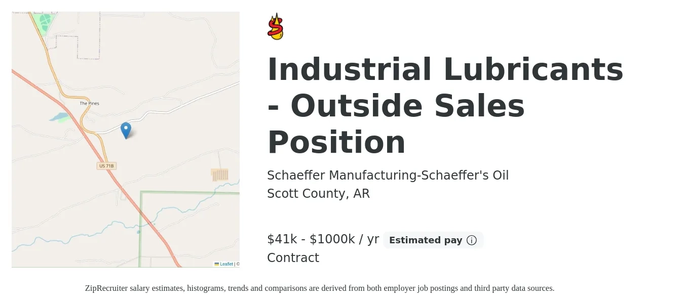 Schaeffer Manufacturing-Schaeffer's Oil job posting for a Industrial Lubricants - Outside Sales Position in Scott County, AR with a salary of $41,625 to $1,000,000 Yearly with a map of Scott County location.