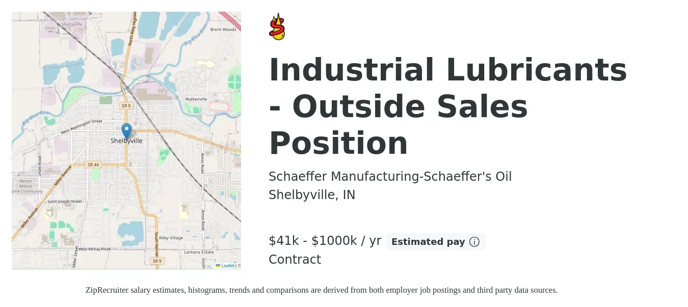 Schaeffer Manufacturing-Schaeffer's Oil job posting for a Industrial Lubricants - Outside Sales Position in Shelbyville, IN with a salary of $41,625 to $1,000,000 Yearly with a map of Shelbyville location.