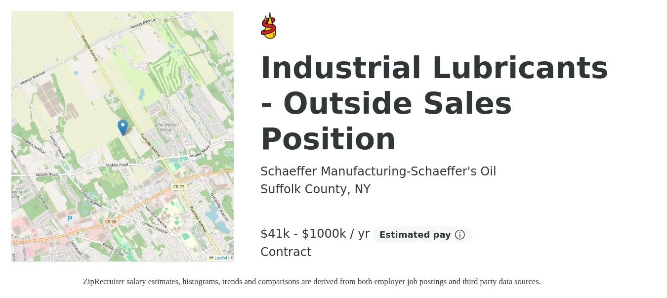 Schaeffer Manufacturing-Schaeffer's Oil job posting for a Industrial Lubricants - Outside Sales Position in Suffolk County, NY with a salary of $41,625 to $1,000,000 Yearly with a map of Suffolk County location.