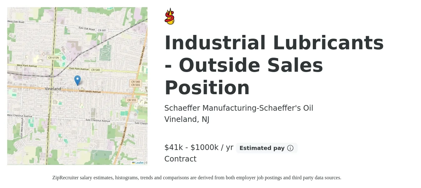 Schaeffer Manufacturing-Schaeffer's Oil job posting for a Industrial Lubricants - Outside Sales Position in Vineland, NJ with a salary of $41,625 to $1,000,000 Yearly with a map of Vineland location.
