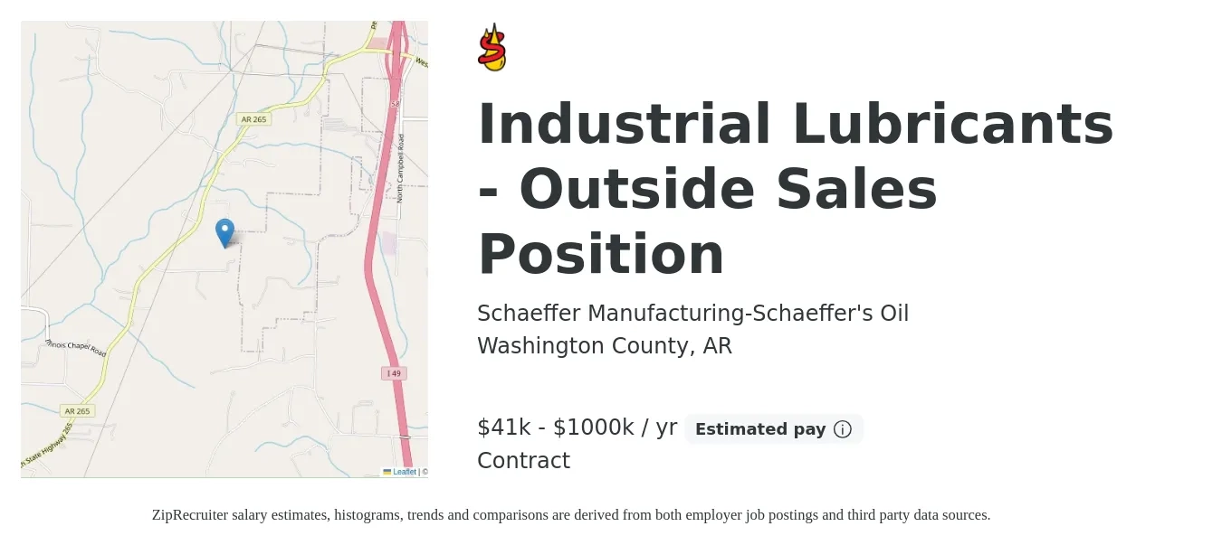 Schaeffer Manufacturing-Schaeffer's Oil job posting for a Industrial Lubricants - Outside Sales Position in Washington County, AR with a salary of $41,625 to $1,000,000 Yearly with a map of Washington County location.