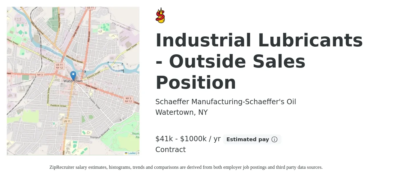 Schaeffer Manufacturing-Schaeffer's Oil job posting for a Industrial Lubricants - Outside Sales Position in Watertown, NY with a salary of $41,625 to $1,000,000 Yearly with a map of Watertown location.