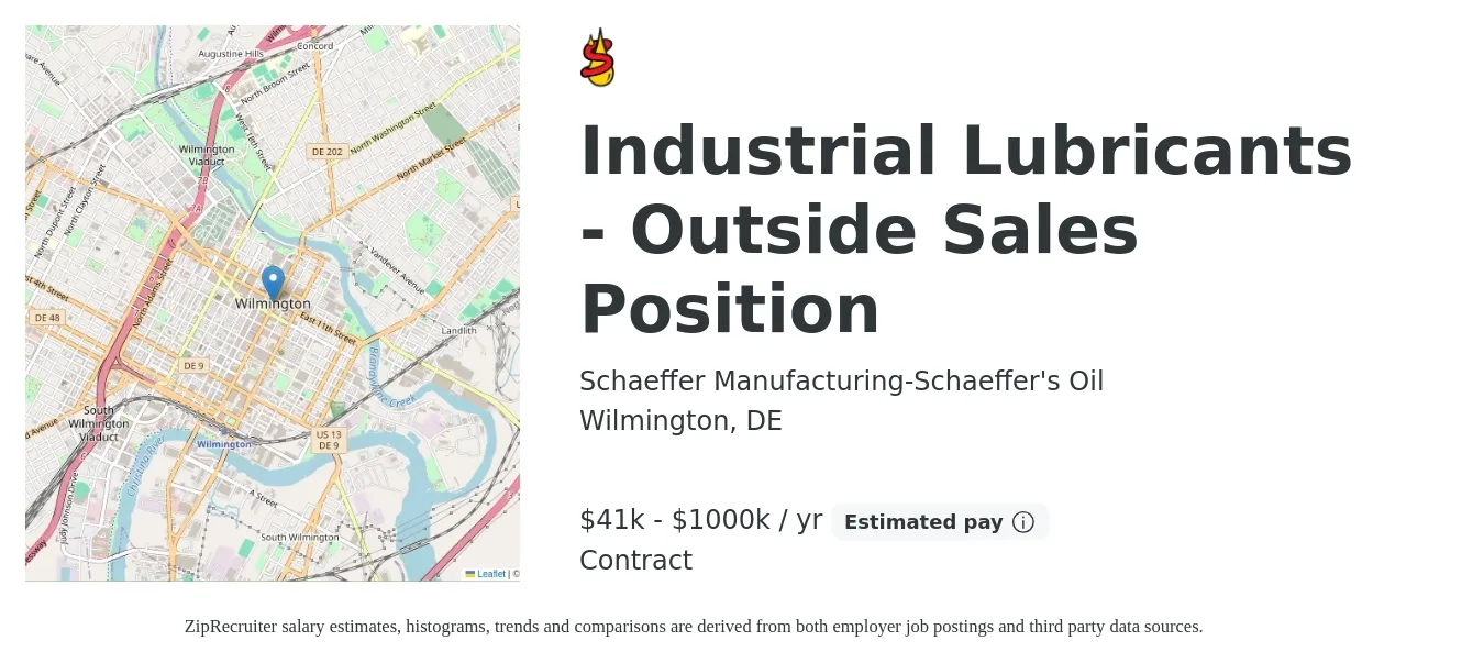 Schaeffer Manufacturing-Schaeffer's Oil job posting for a Industrial Lubricants - Outside Sales Position in Wilmington, DE with a salary of $41,625 to $1,000,000 Yearly with a map of Wilmington location.